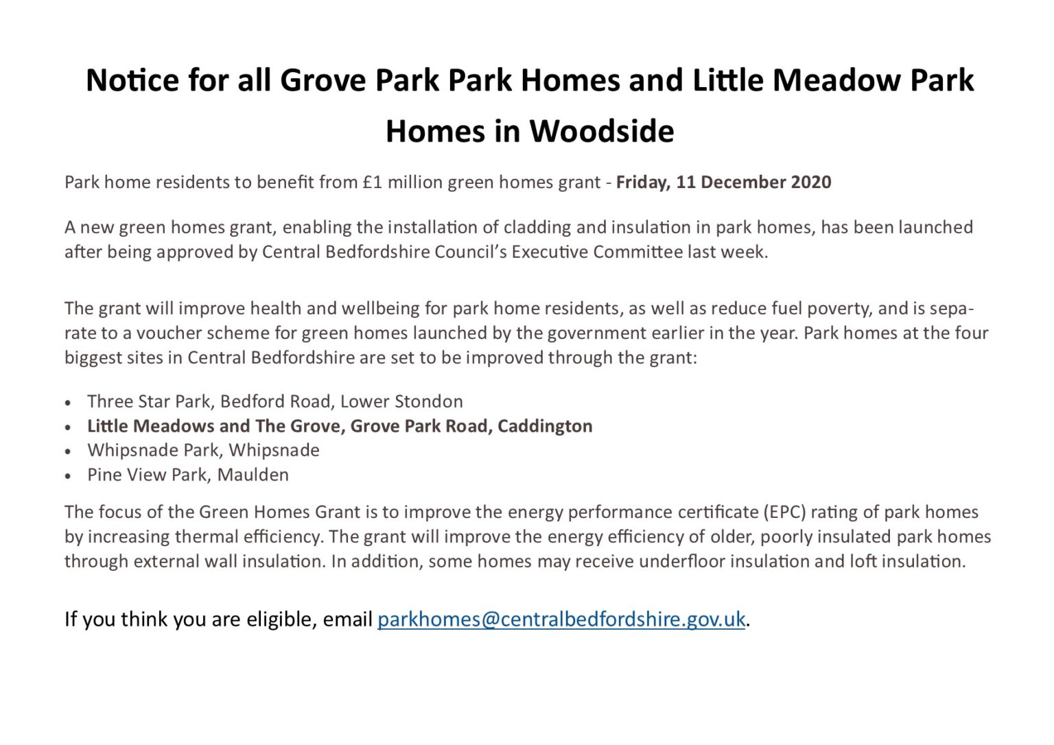 Grants for Park Homes Slip End Parish Council